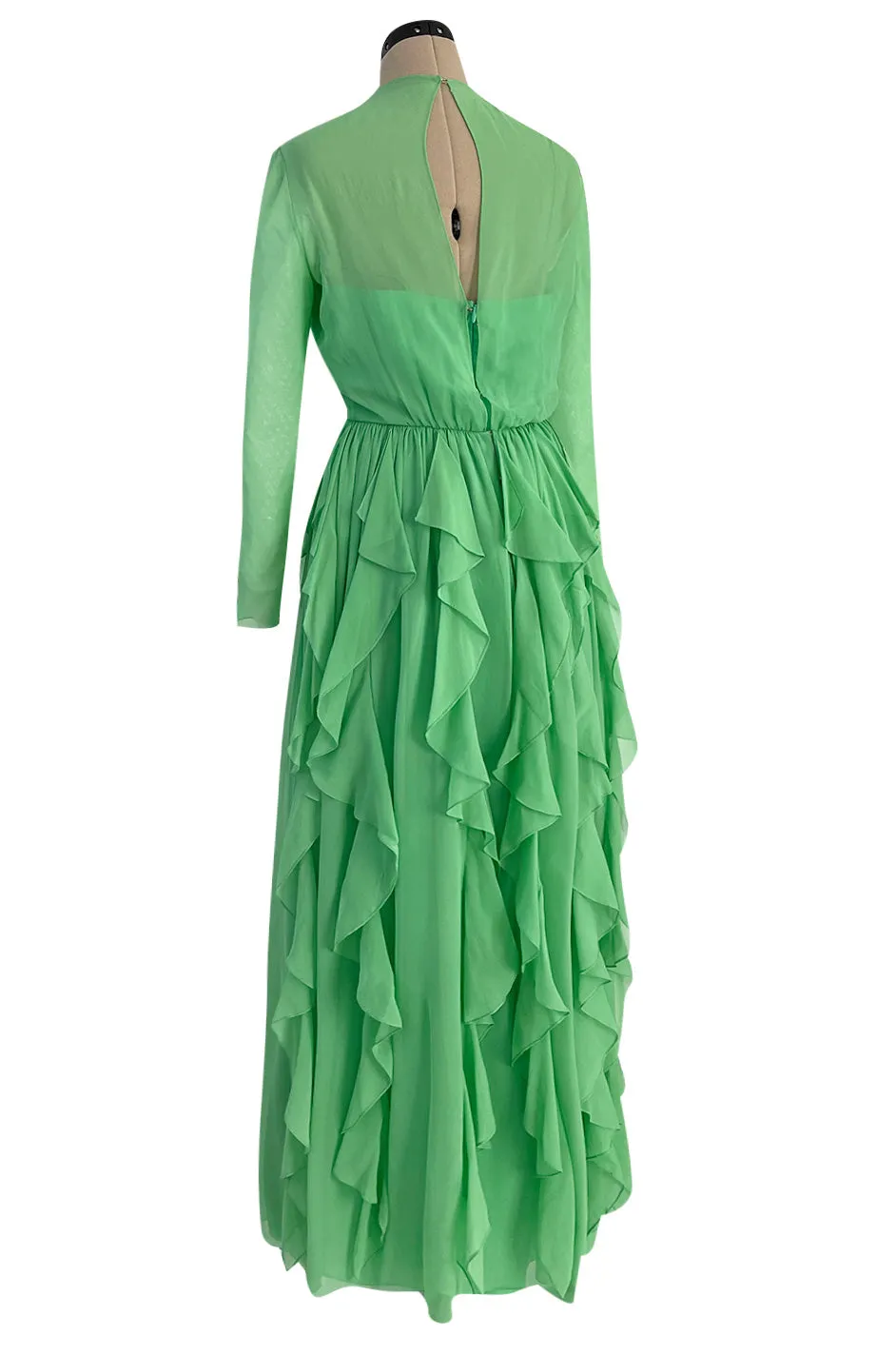 Spring 1981 Bill Blass Pastel Green Silk Chiffon Dress w Elaborate Vertically Set Ruffled Skirt