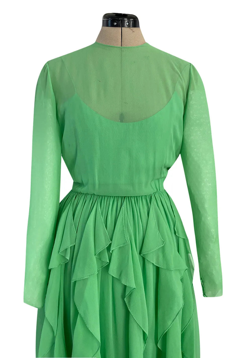 Spring 1981 Bill Blass Pastel Green Silk Chiffon Dress w Elaborate Vertically Set Ruffled Skirt