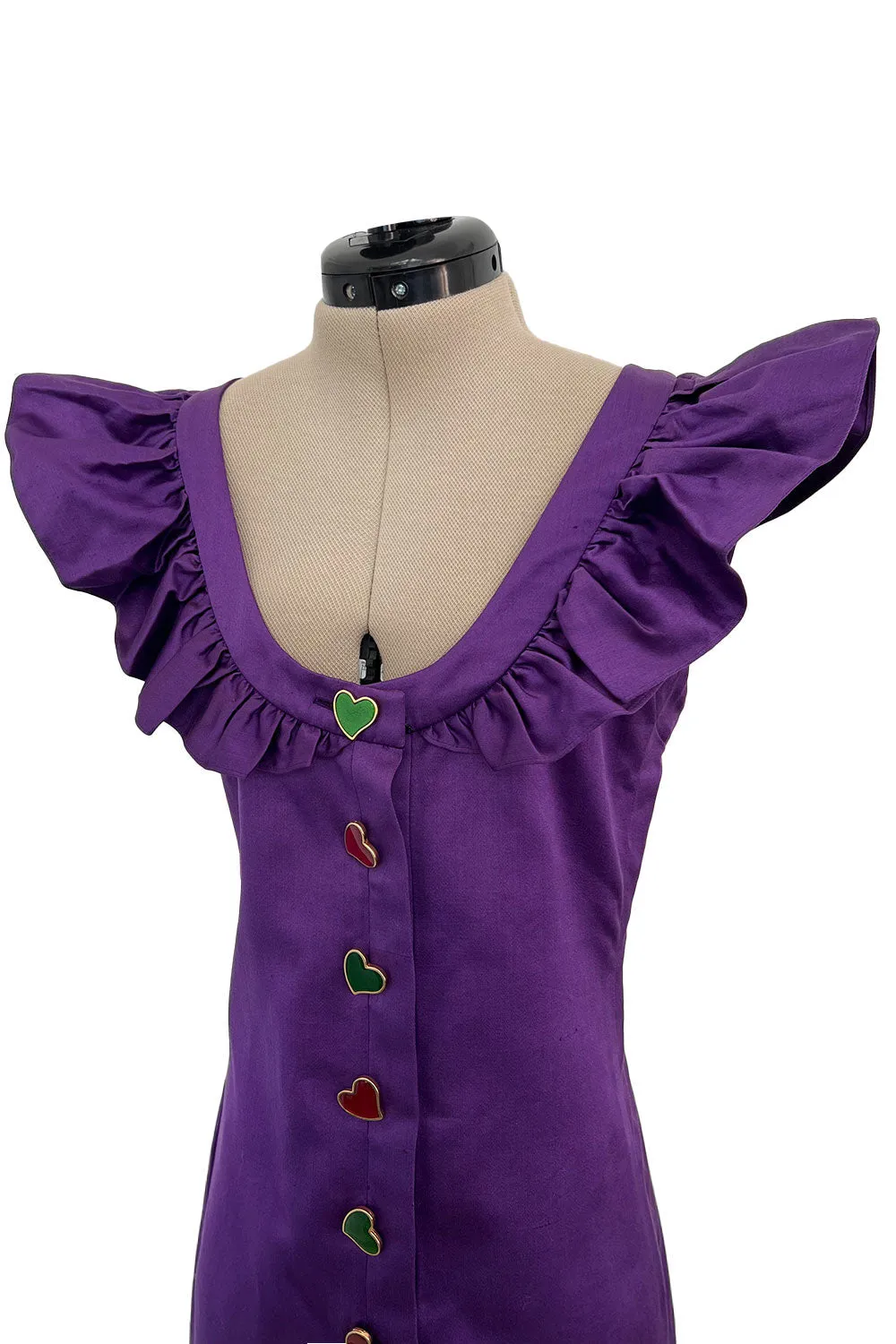Spring 1992 Yves Saint Laurent Ad Campaign Purple Dress w Green & Red Enamel Heart Buttons
