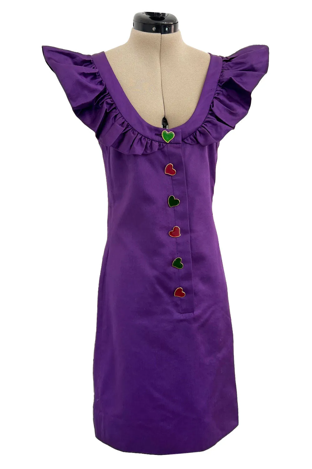 Spring 1992 Yves Saint Laurent Ad Campaign Purple Dress w Green & Red Enamel Heart Buttons