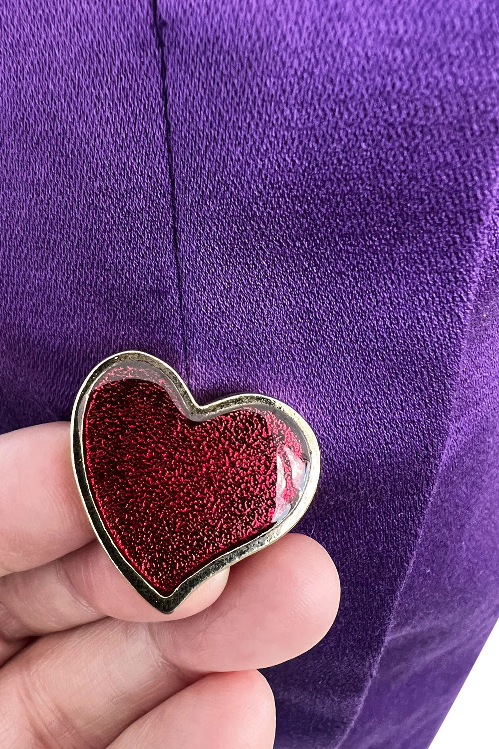 Spring 1992 Yves Saint Laurent Ad Campaign Purple Dress w Green & Red Enamel Heart Buttons