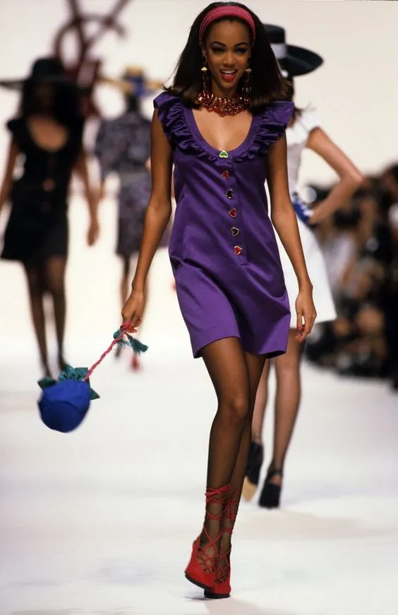 Spring 1992 Yves Saint Laurent Ad Campaign Purple Dress w Green & Red Enamel Heart Buttons