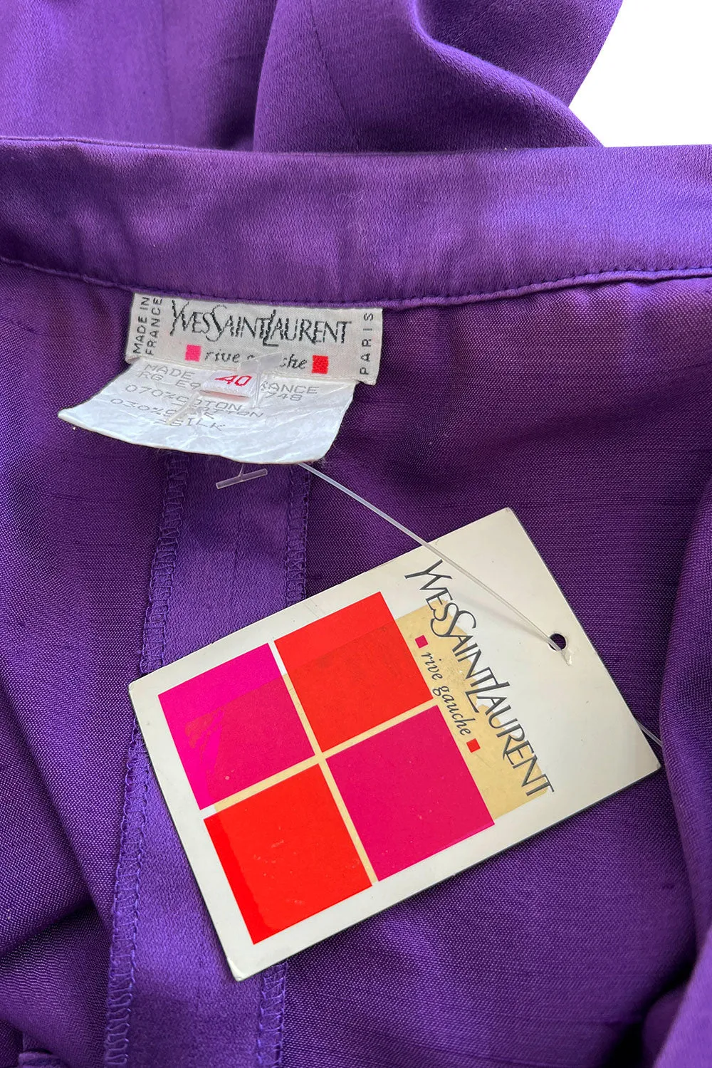 Spring 1992 Yves Saint Laurent Ad Campaign Purple Dress w Green & Red Enamel Heart Buttons