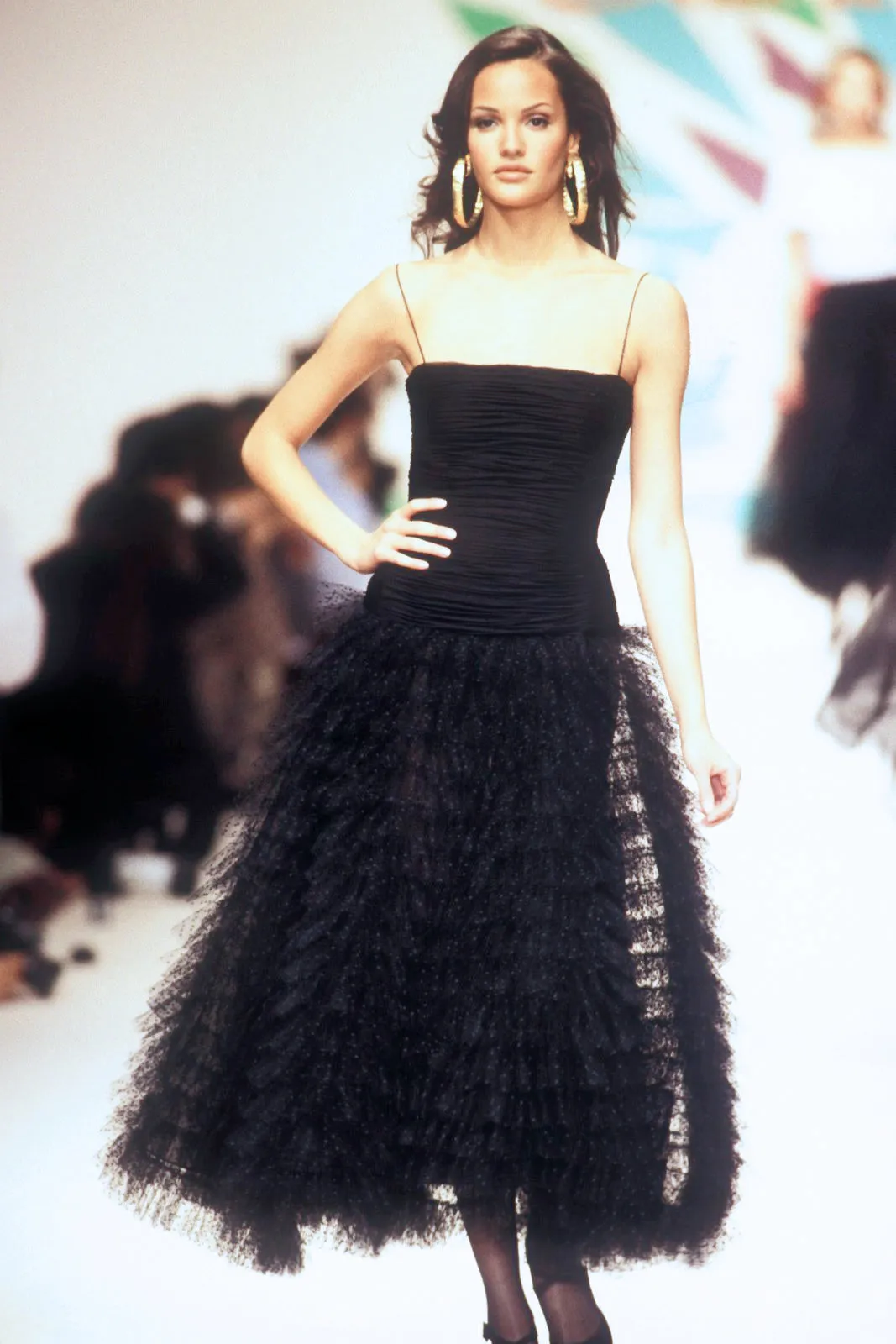 Spring 1993 Oscar de la Renta Black Silk Chiffon & Net Dress w Ruffled Skirt