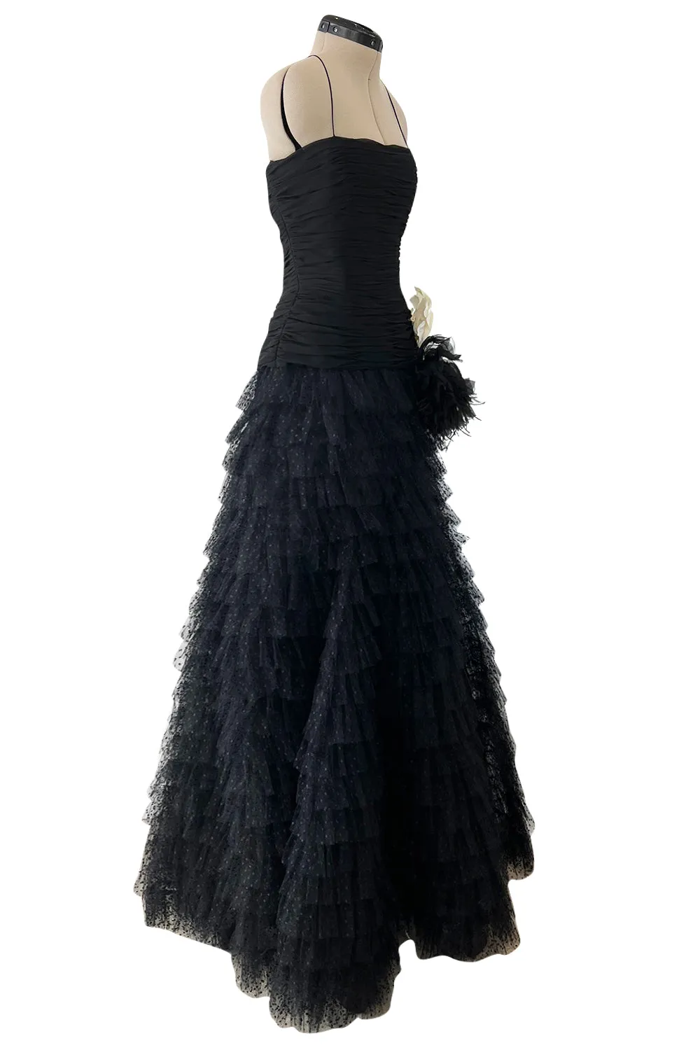 Spring 1993 Oscar de la Renta Black Silk Chiffon & Net Dress w Ruffled Skirt
