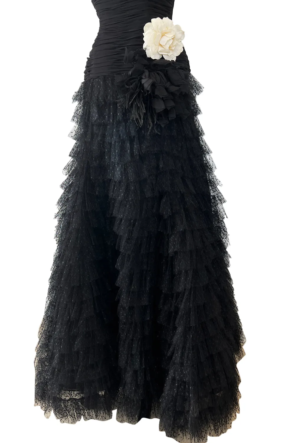 Spring 1993 Oscar de la Renta Black Silk Chiffon & Net Dress w Ruffled Skirt