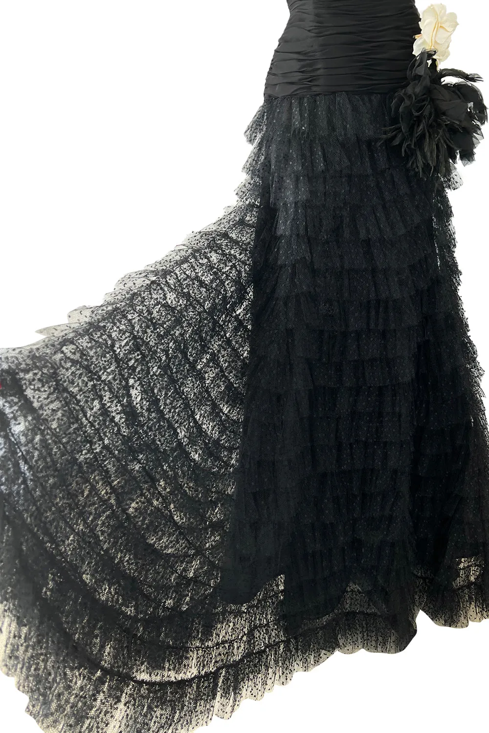 Spring 1993 Oscar de la Renta Black Silk Chiffon & Net Dress w Ruffled Skirt