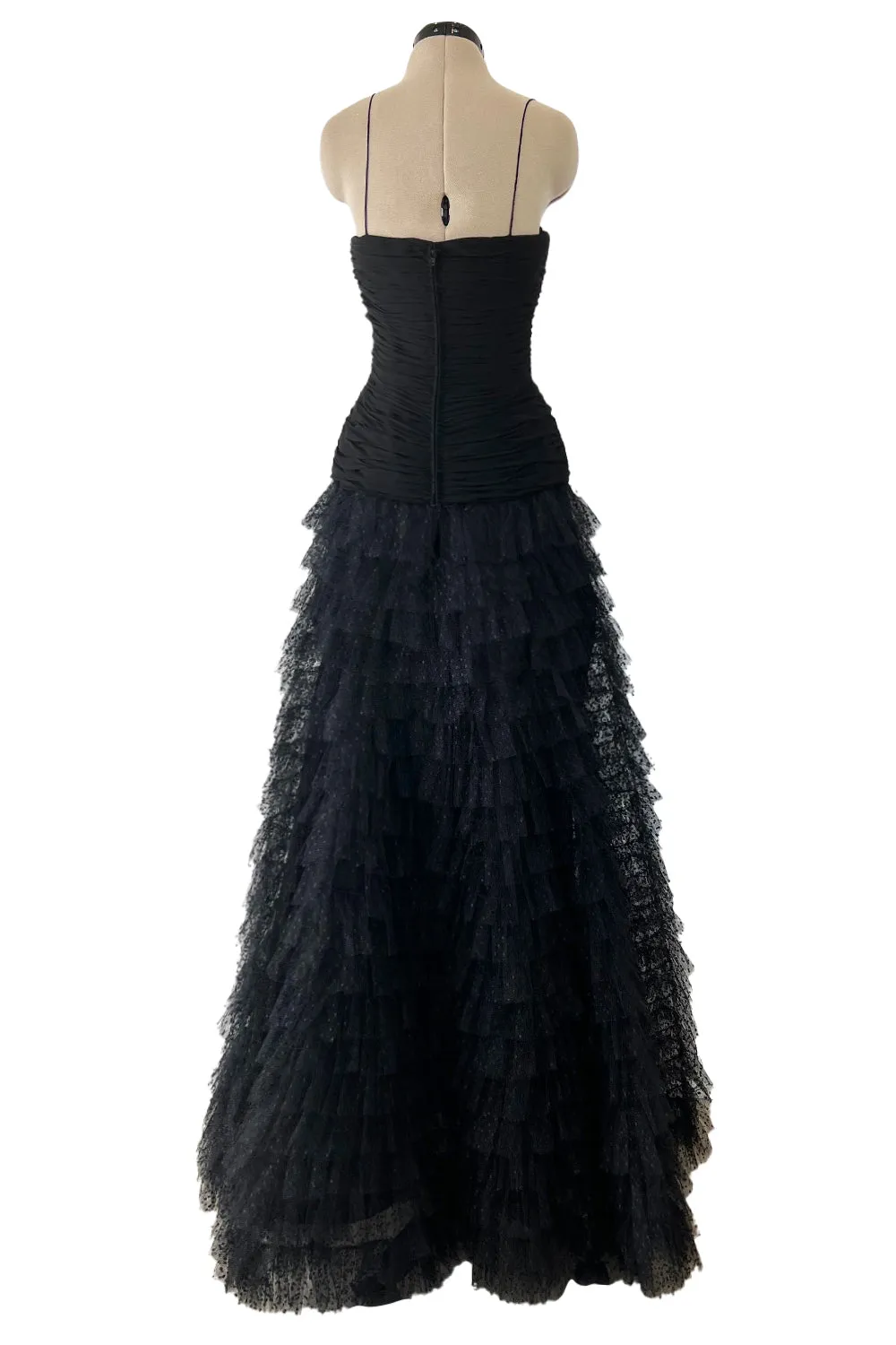 Spring 1993 Oscar de la Renta Black Silk Chiffon & Net Dress w Ruffled Skirt