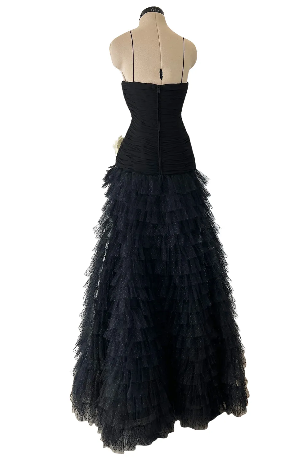 Spring 1993 Oscar de la Renta Black Silk Chiffon & Net Dress w Ruffled Skirt