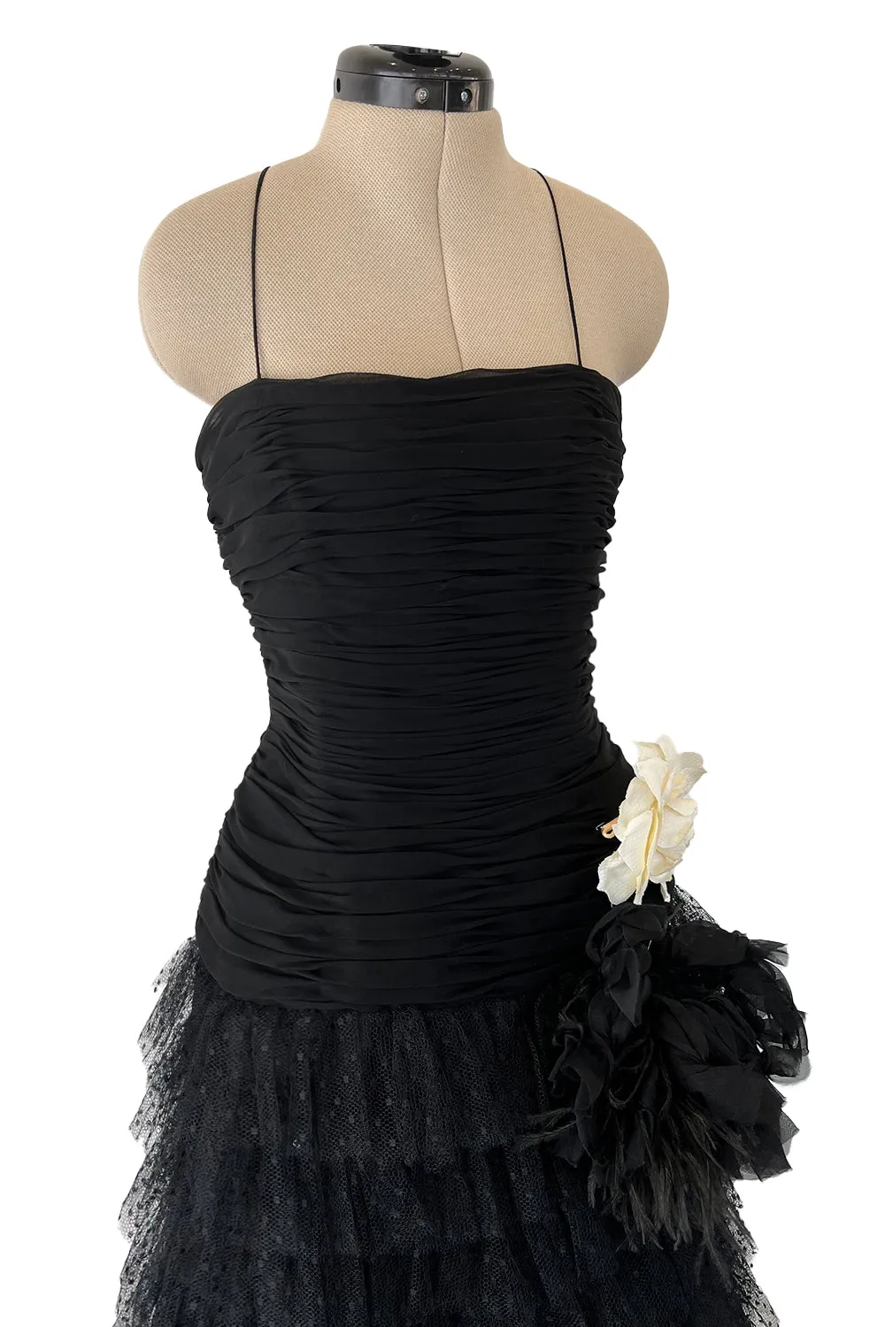Spring 1993 Oscar de la Renta Black Silk Chiffon & Net Dress w Ruffled Skirt