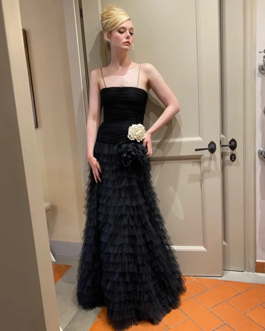 Spring 1993 Oscar de la Renta Black Silk Chiffon & Net Dress w Ruffled Skirt