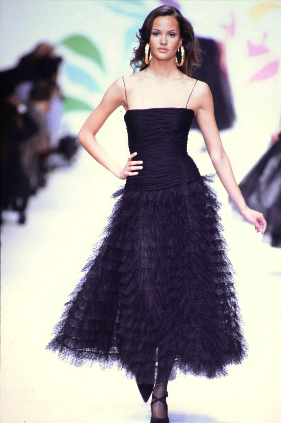 Spring 1993 Oscar de la Renta Black Silk Chiffon & Net Dress w Ruffled Skirt