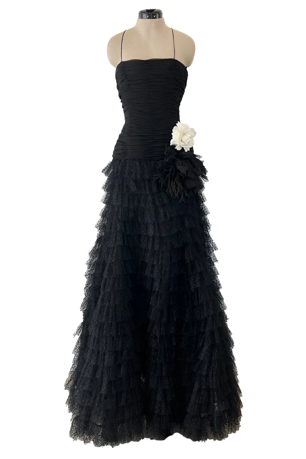 Spring 1993 Oscar de la Renta Black Silk Chiffon & Net Dress w Ruffled Skirt