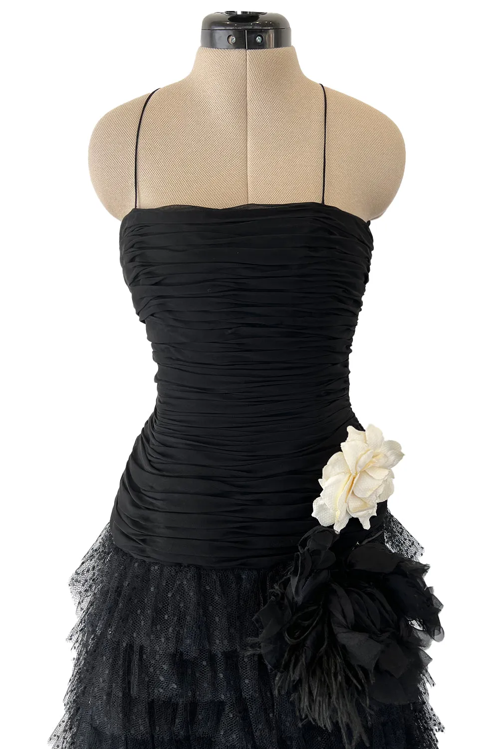 Spring 1993 Oscar de la Renta Black Silk Chiffon & Net Dress w Ruffled Skirt