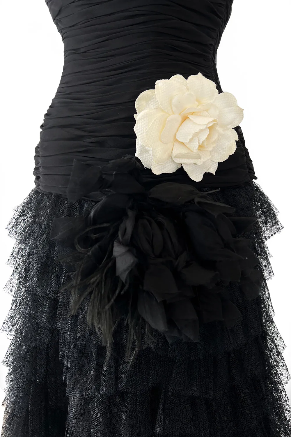Spring 1993 Oscar de la Renta Black Silk Chiffon & Net Dress w Ruffled Skirt