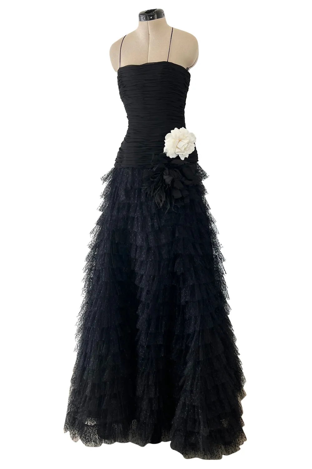 Spring 1993 Oscar de la Renta Black Silk Chiffon & Net Dress w Ruffled Skirt