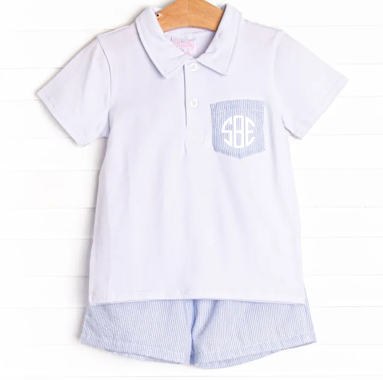 Spring Seersucker Short Set, Blue