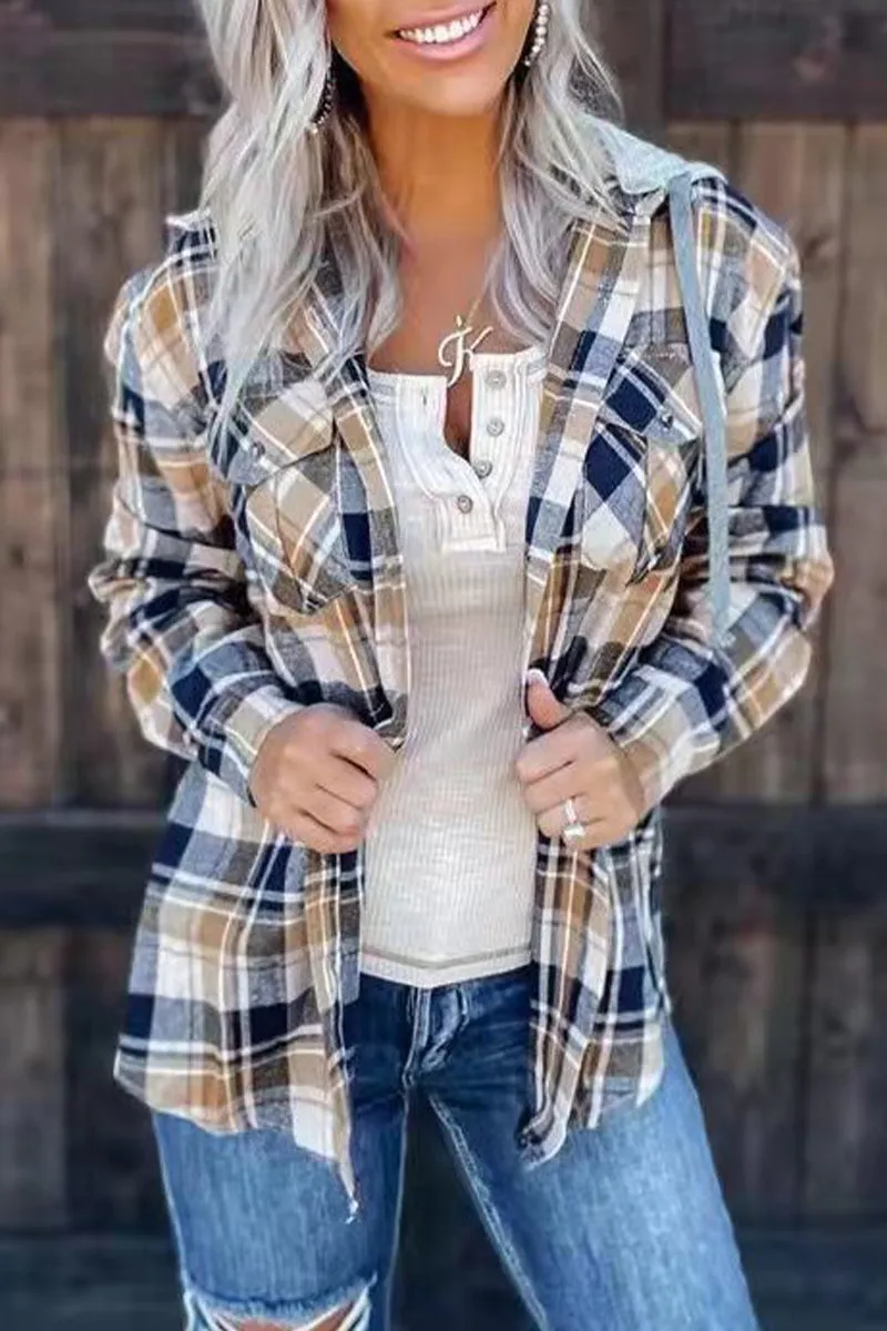 Street Plaid Patchwork Hooded Collar Tops