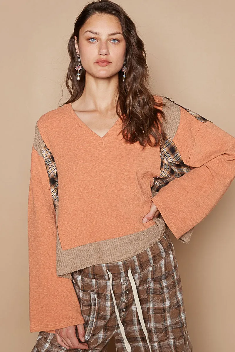 Streetwise V-Neck Long Sleeve Plaid Top | POL** - Final Sale