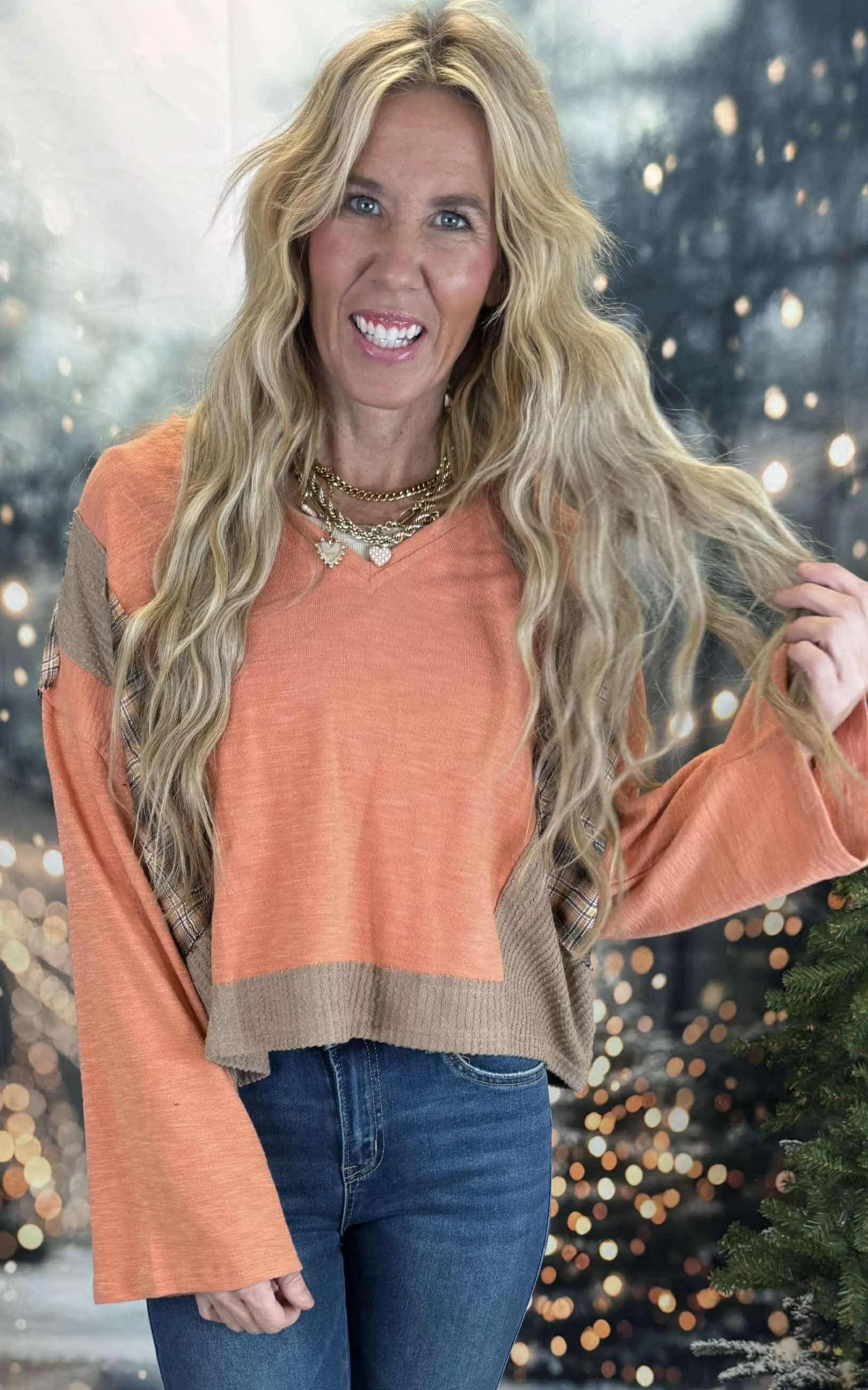 Streetwise V-Neck Long Sleeve Plaid Top | POL** - Final Sale