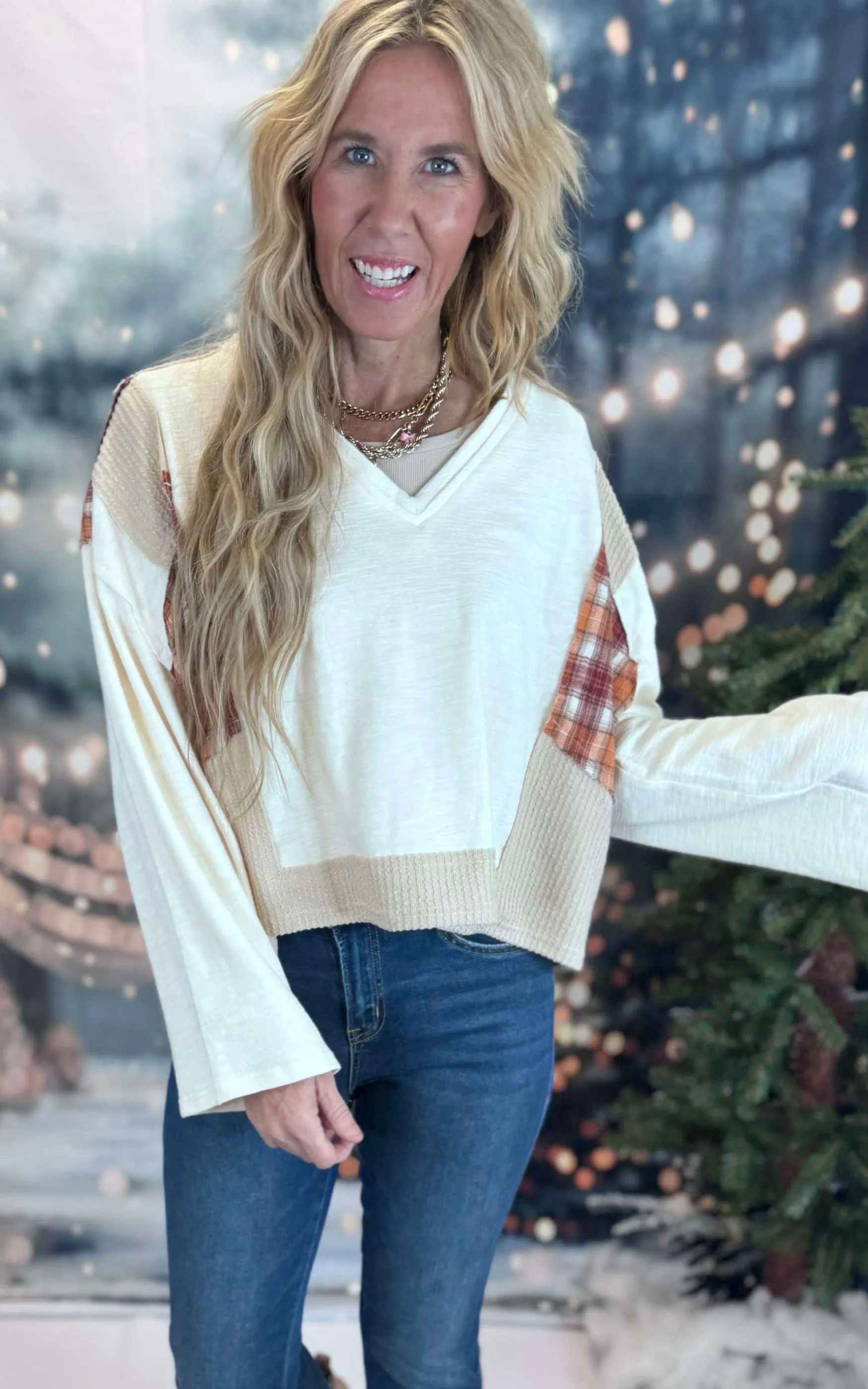 Streetwise V-Neck Long Sleeve Plaid Top | POL** - Final Sale