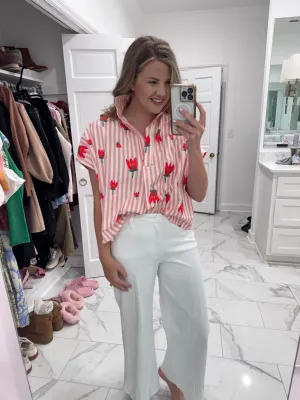 Stripe Poppy V Neck Collar Top - Pink