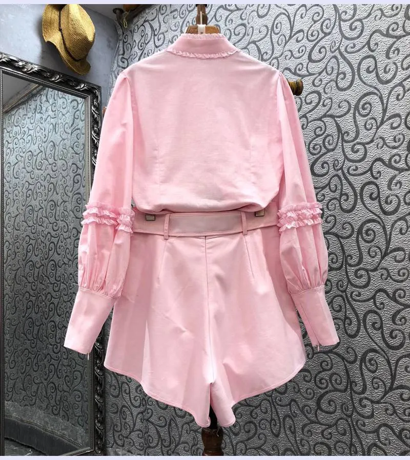 Summer 2 Piece Set Ladies Ruffle Long Sleeve Shirts