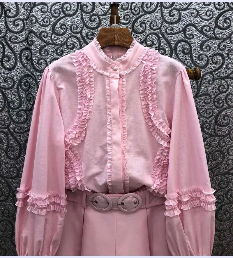 Summer 2 Piece Set Ladies Ruffle Long Sleeve Shirts