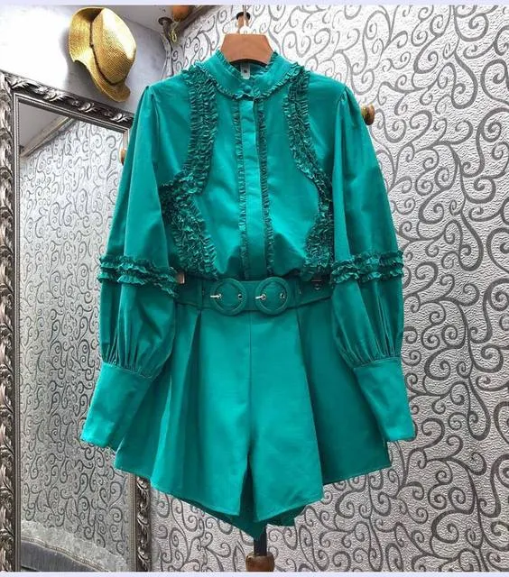 Summer 2 Piece Set Ladies Ruffle Long Sleeve Shirts