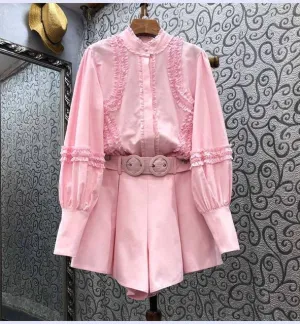 Summer 2 Piece Set Ladies Ruffle Long Sleeve Shirts