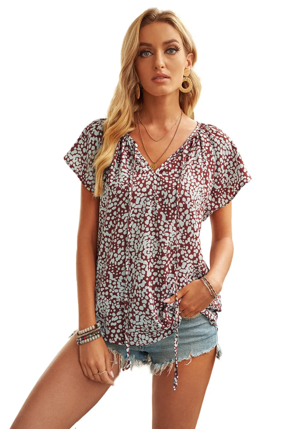 Summer Brown V-neck Short Sleeve Fashion Print Fantasy Fluttering Blouse