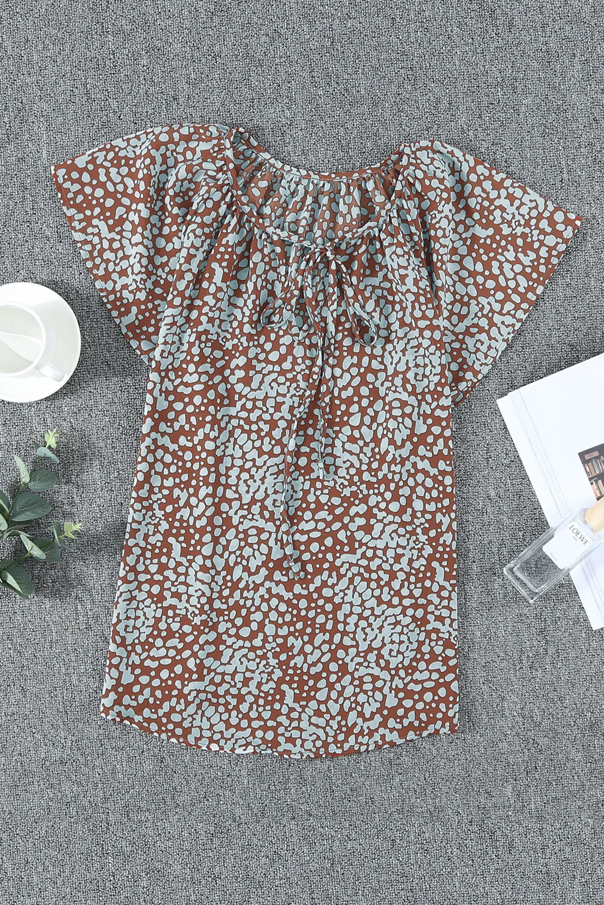 Summer Brown V-neck Short Sleeve Fashion Print Fantasy Fluttering Blouse