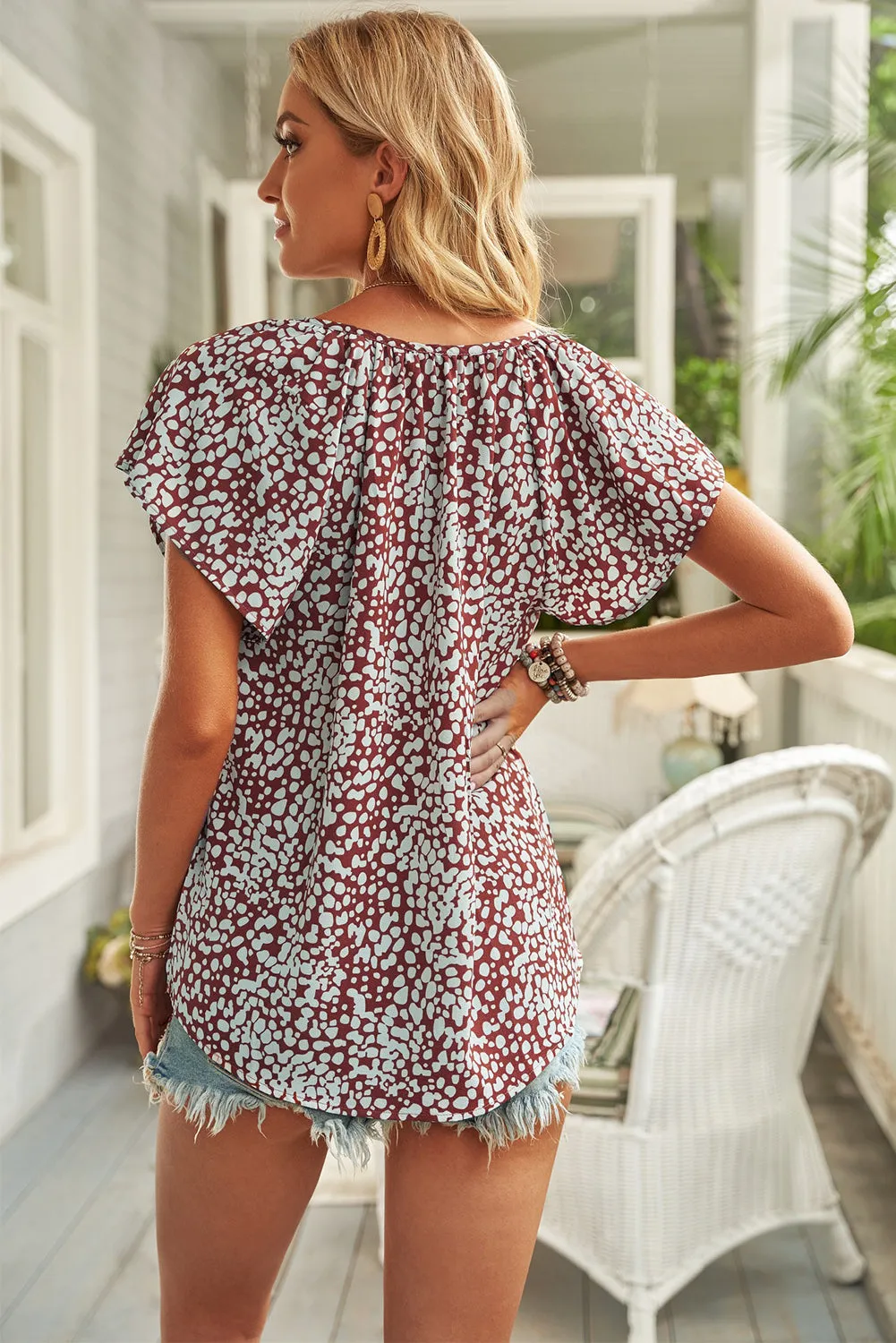 Summer Brown V-neck Short Sleeve Fashion Print Fantasy Fluttering Blouse