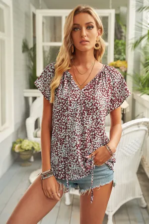 Summer Brown V-neck Short Sleeve Fashion Print Fantasy Fluttering Blouse