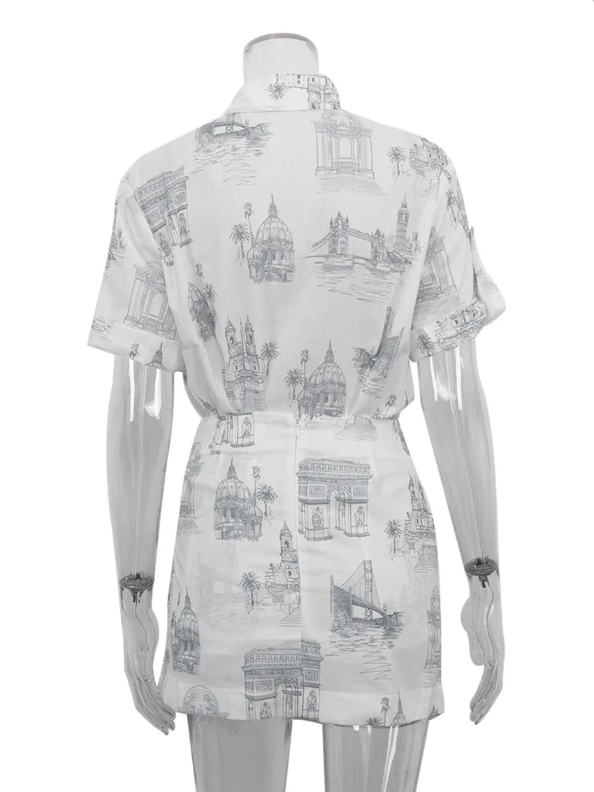 Summer Loose Print 2 Piece Sets Women Outfit 2024 Elegant Short Sleeve Shirt With High Waist Lace-Up Mini Skirts Set