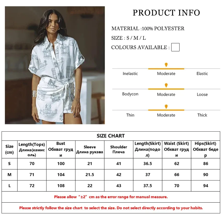Summer Loose Print 2 Piece Sets Women Outfit 2024 Elegant Short Sleeve Shirt With High Waist Lace-Up Mini Skirts Set