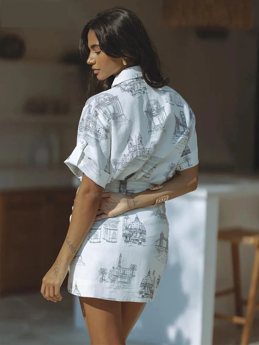 Summer Loose Print 2 Piece Sets Women Outfit 2024 Elegant Short Sleeve Shirt With High Waist Lace-Up Mini Skirts Set