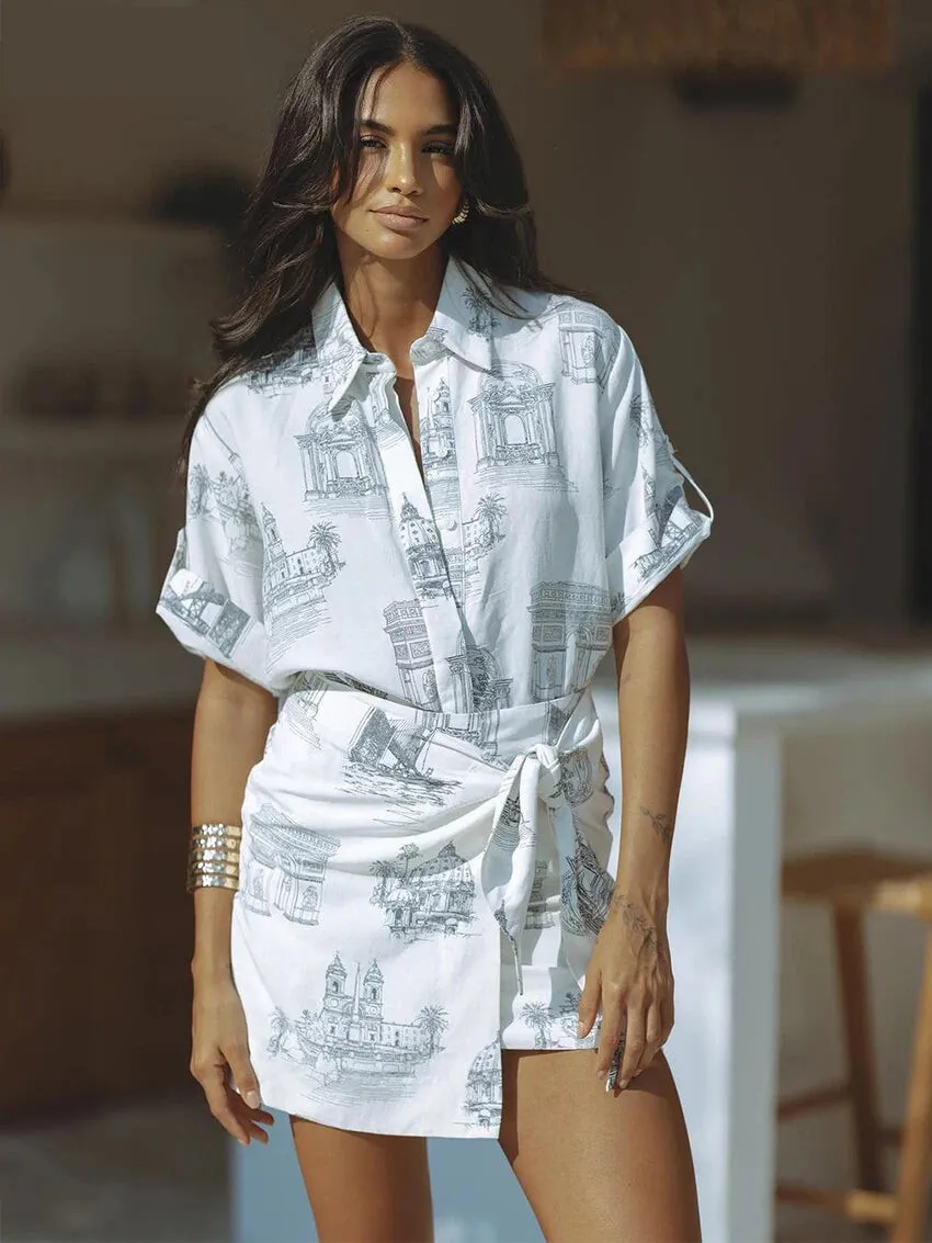 Summer Loose Print 2 Piece Sets Women Outfit 2024 Elegant Short Sleeve Shirt With High Waist Lace-Up Mini Skirts Set