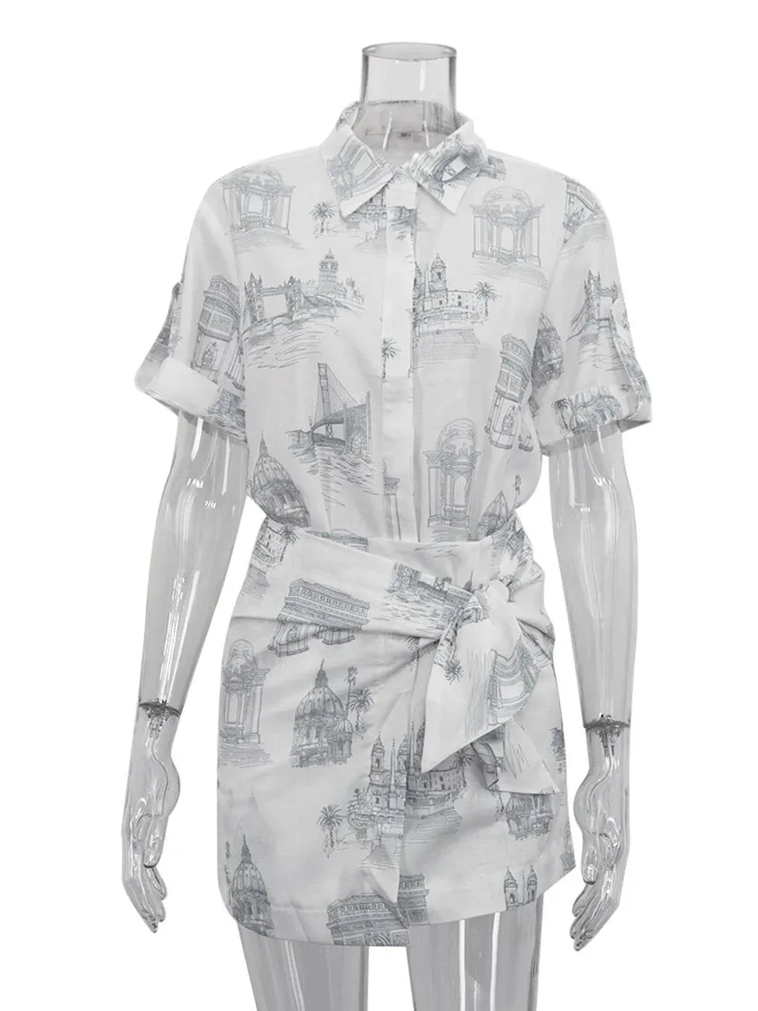 Summer Loose Print 2 Piece Sets Women Outfit 2024 Elegant Short Sleeve Shirt With High Waist Lace-Up Mini Skirts Set