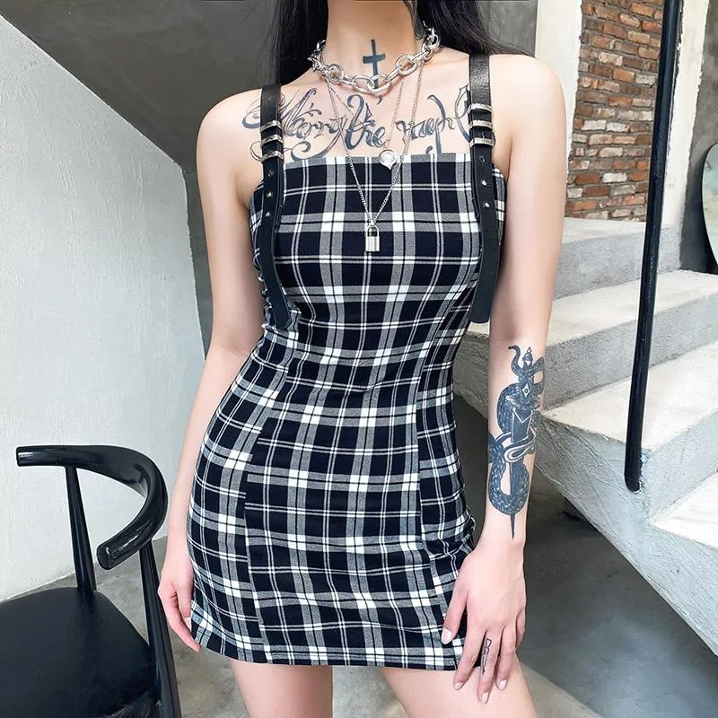 Summer Retro Leather Strap Plaid Dress SD00131