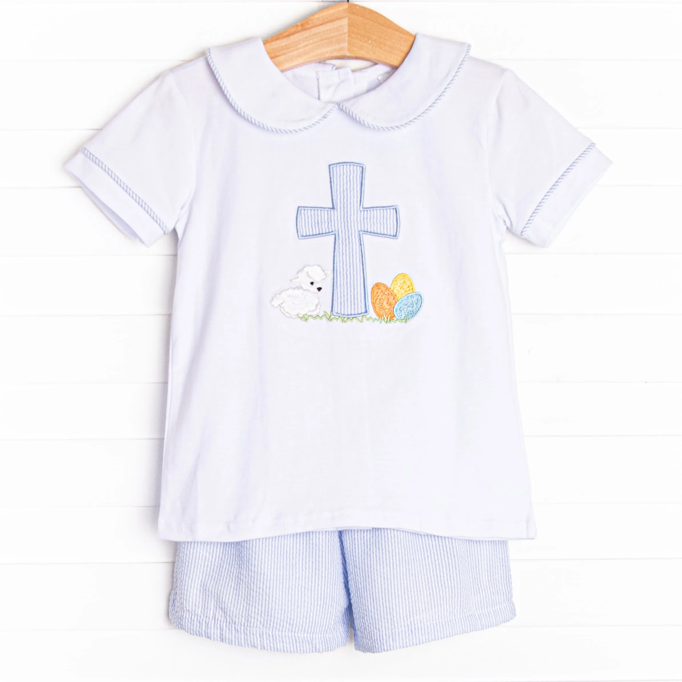 Sunday Gathering Applique Short Set, Blue