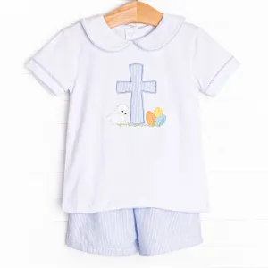 Sunday Gathering Applique Short Set, Blue