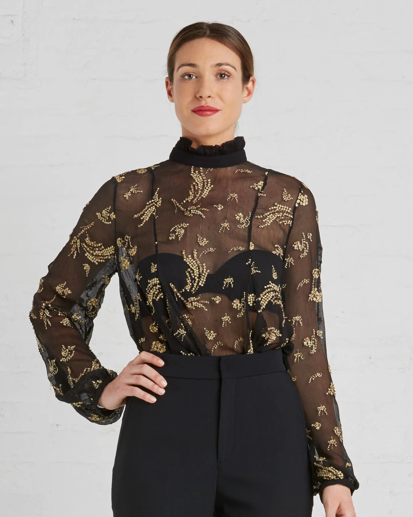 Suno Black And Gold Floral Chiffon Blouse