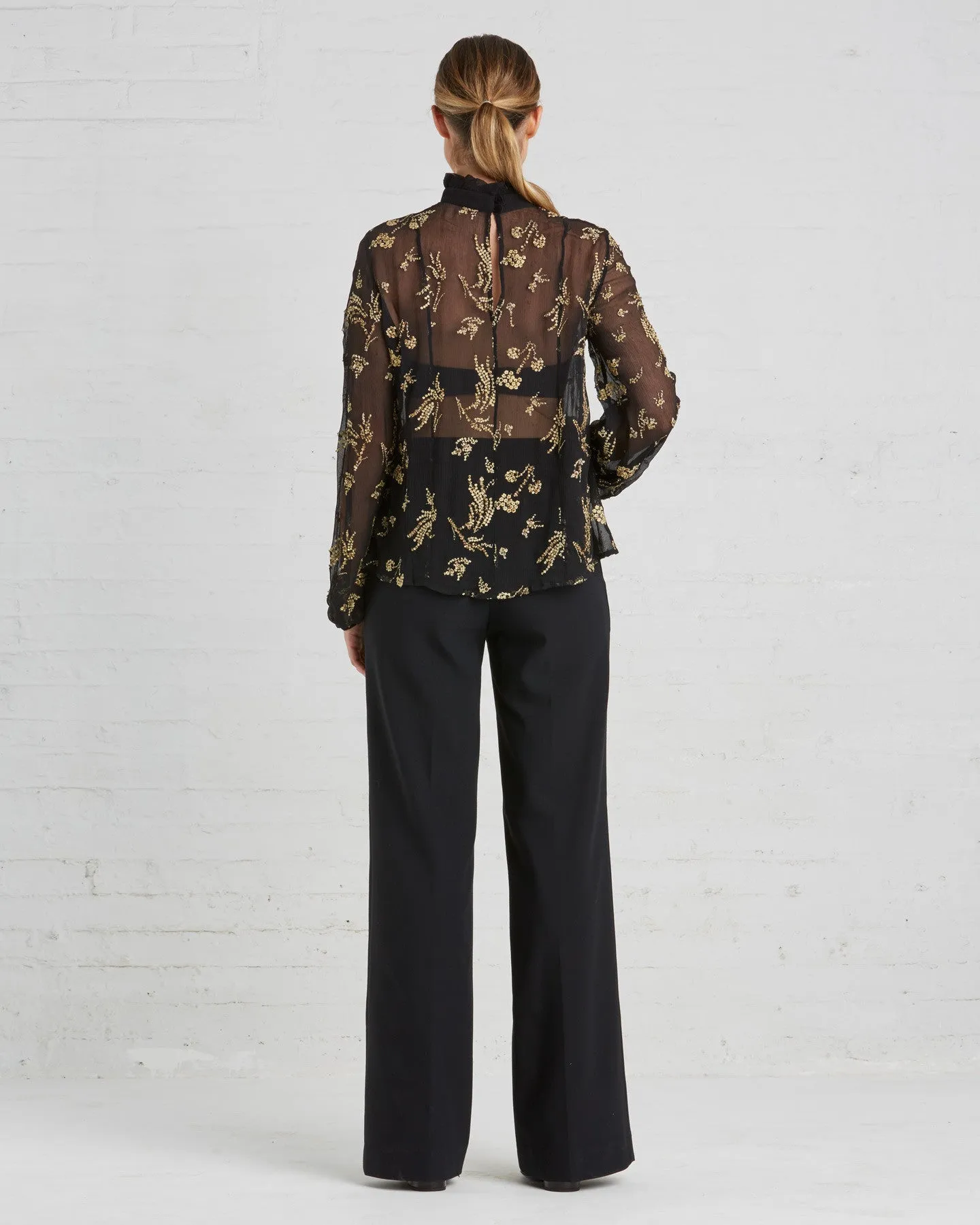 Suno Black And Gold Floral Chiffon Blouse