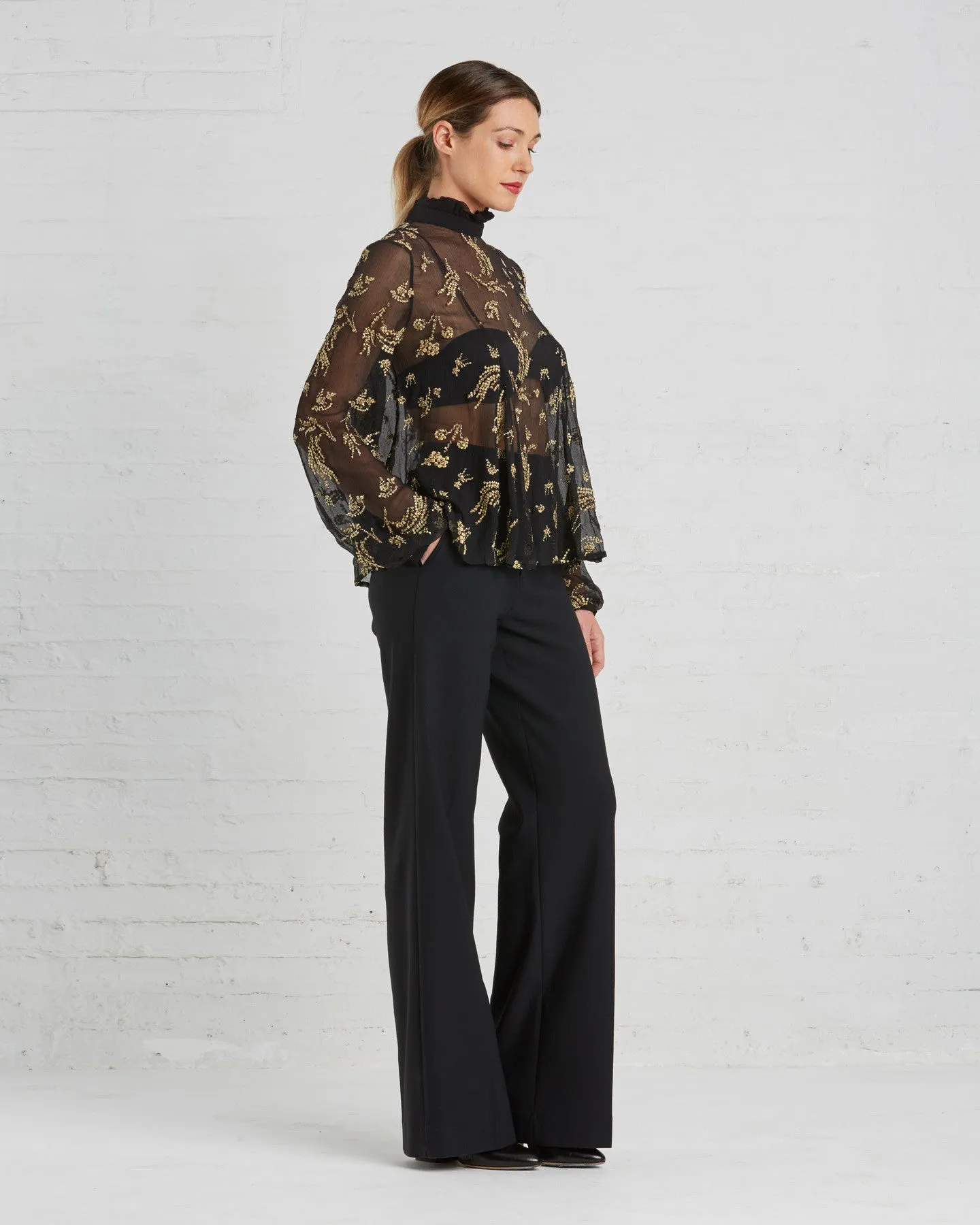 Suno Black And Gold Floral Chiffon Blouse
