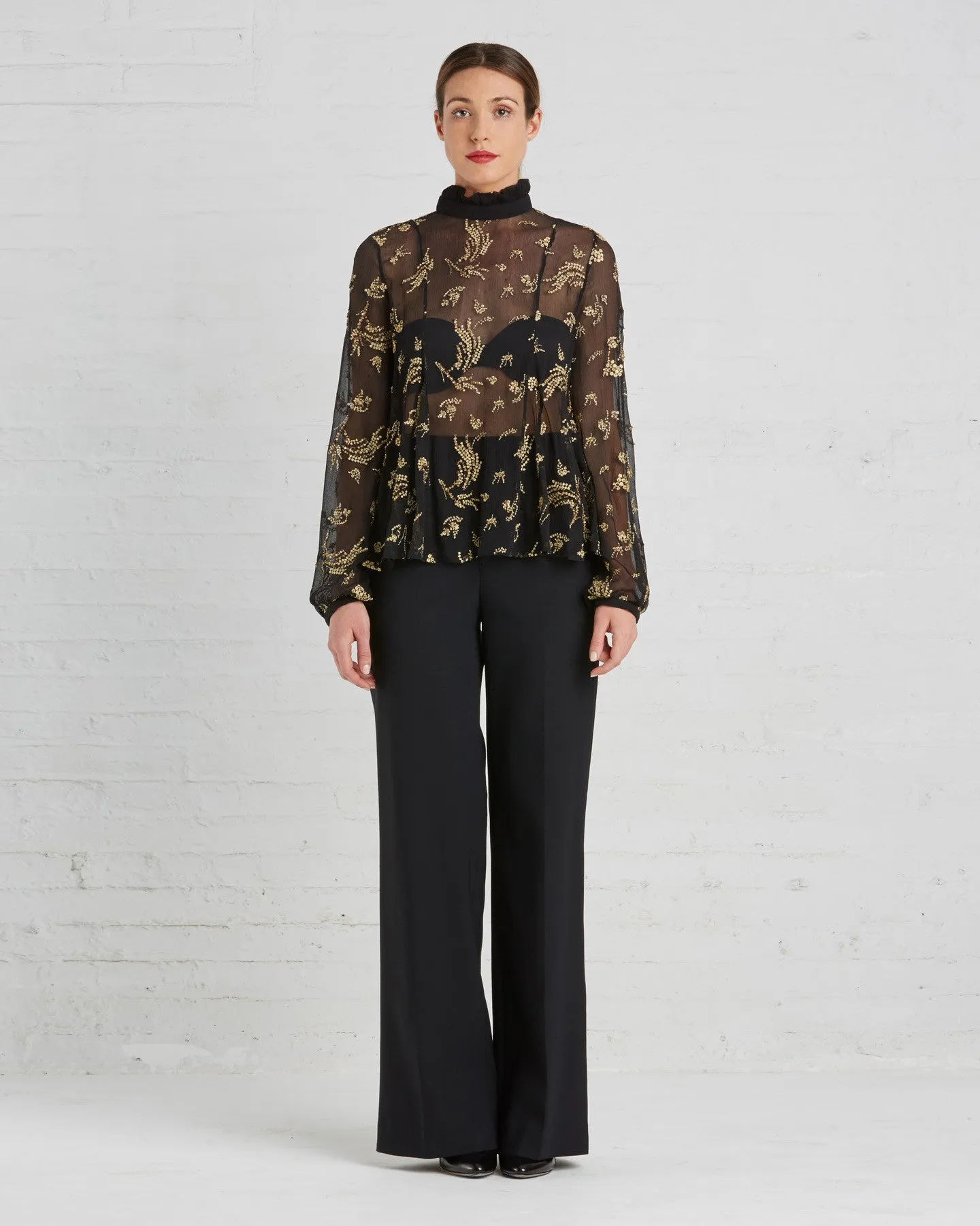 Suno Black And Gold Floral Chiffon Blouse