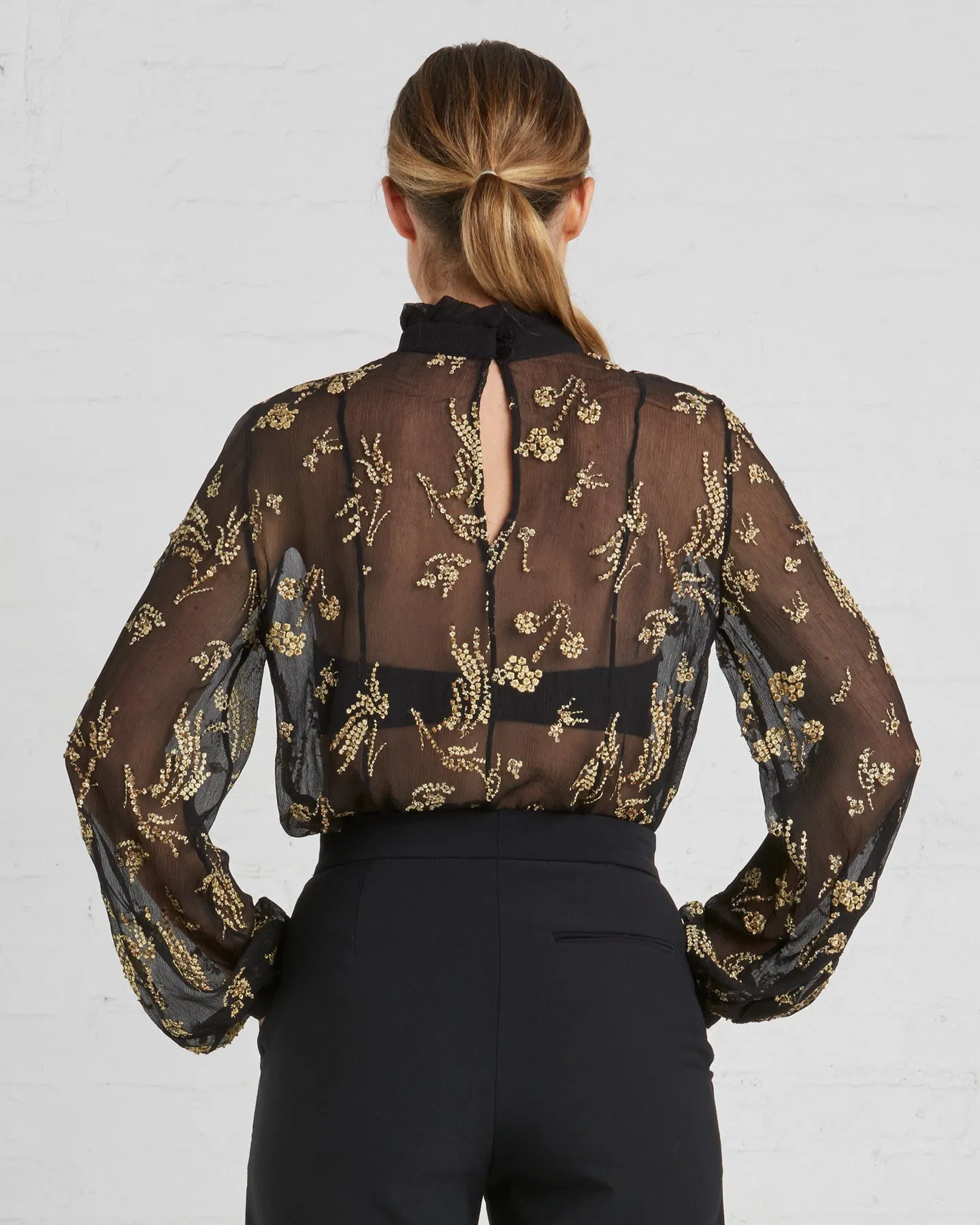 Suno Black And Gold Floral Chiffon Blouse
