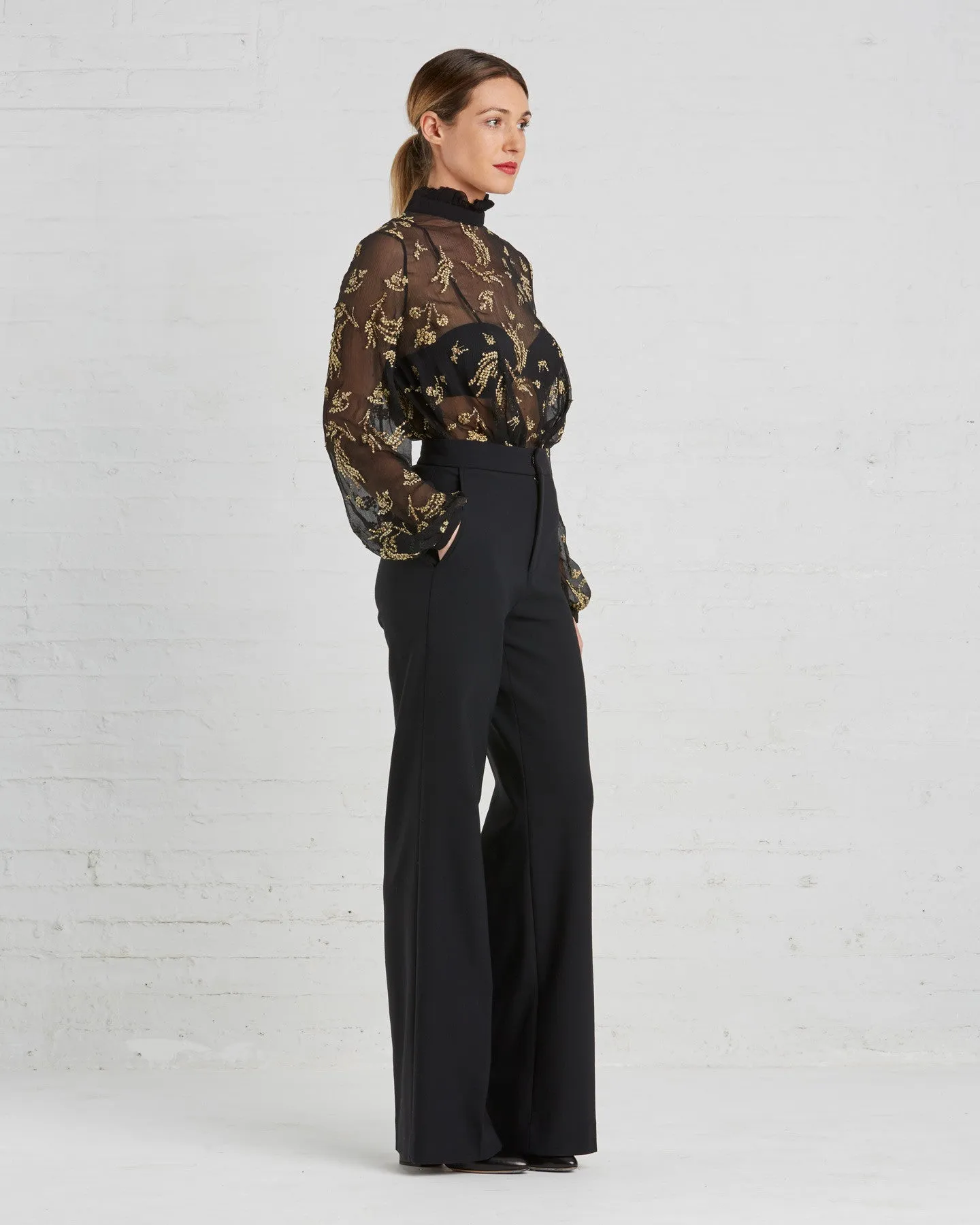 Suno Black And Gold Floral Chiffon Blouse