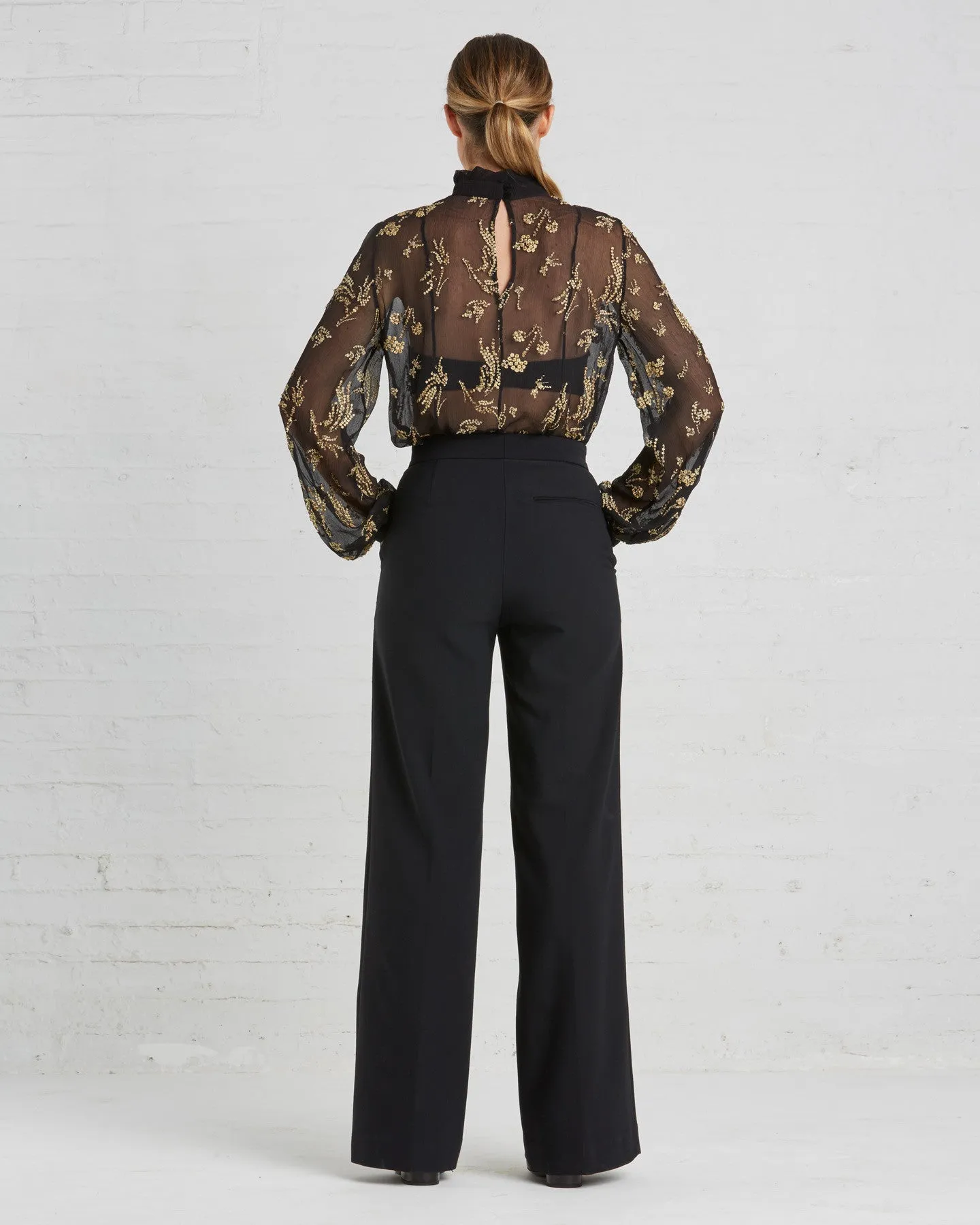 Suno Black And Gold Floral Chiffon Blouse