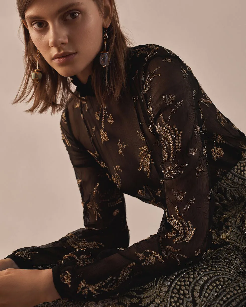 Suno Black And Gold Floral Chiffon Blouse
